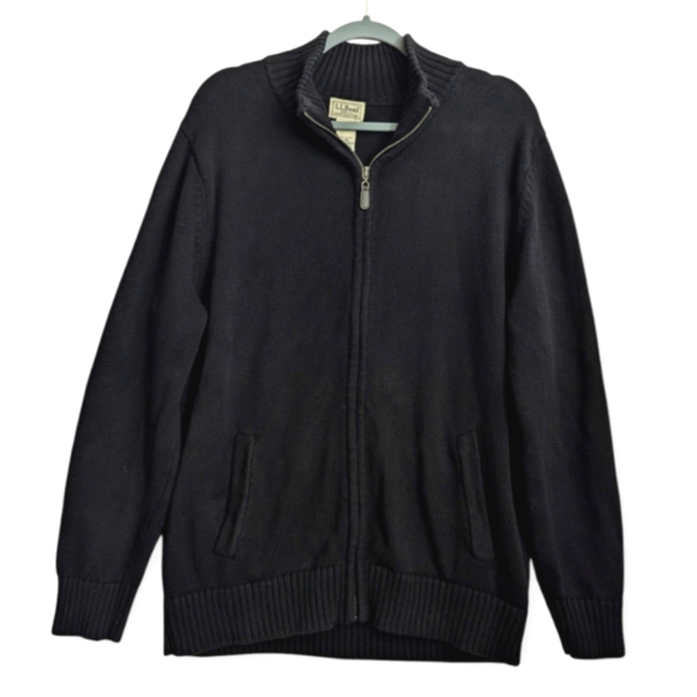 LL Bean Sweater Full Zip Up Cotton Jacket Men's Size Large Black Outerwear